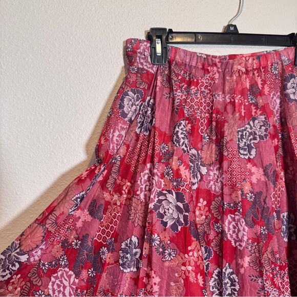 Vintage 70s Red Floral Pleated Knee Length Skirt Womens 16 Sheer Boho Peasant - Picture 3 of 10
